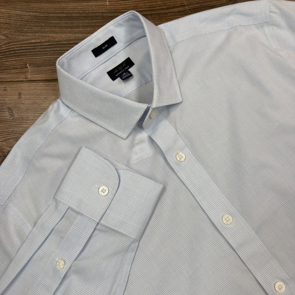 J.Crew Men MEDUIM Slim Dress Shirt Light Blue Micro Check Wrinkle Free CL446 NEW